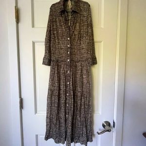 Samantha Sung “Etching Sepia” wool jersey button up, pleated dress. XS/2